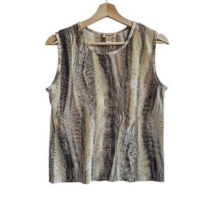 Vintage Plisse Brown Tan Snake Skin Print Moto Pleated Sleeveless Tank Top M